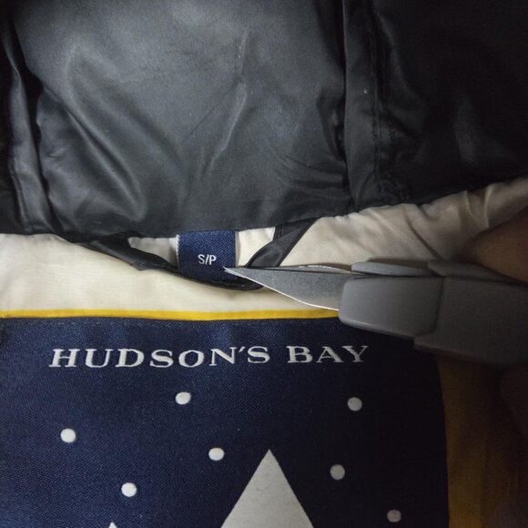 Hudson's Bay Coat Womens Small Black Long Puffer Hooded Down Striped Lightweight - Picture 6 of 16